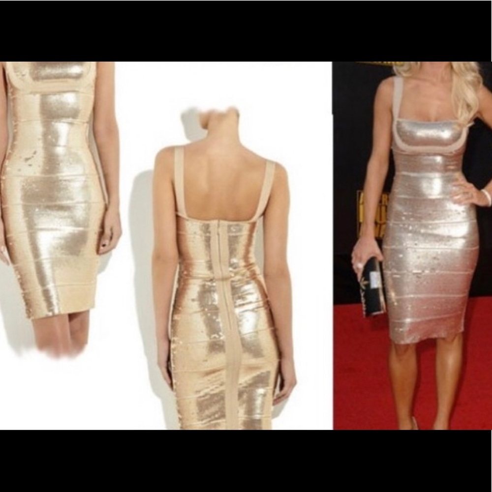 Herve Leger! Gold sequins Dress Size Medium.
